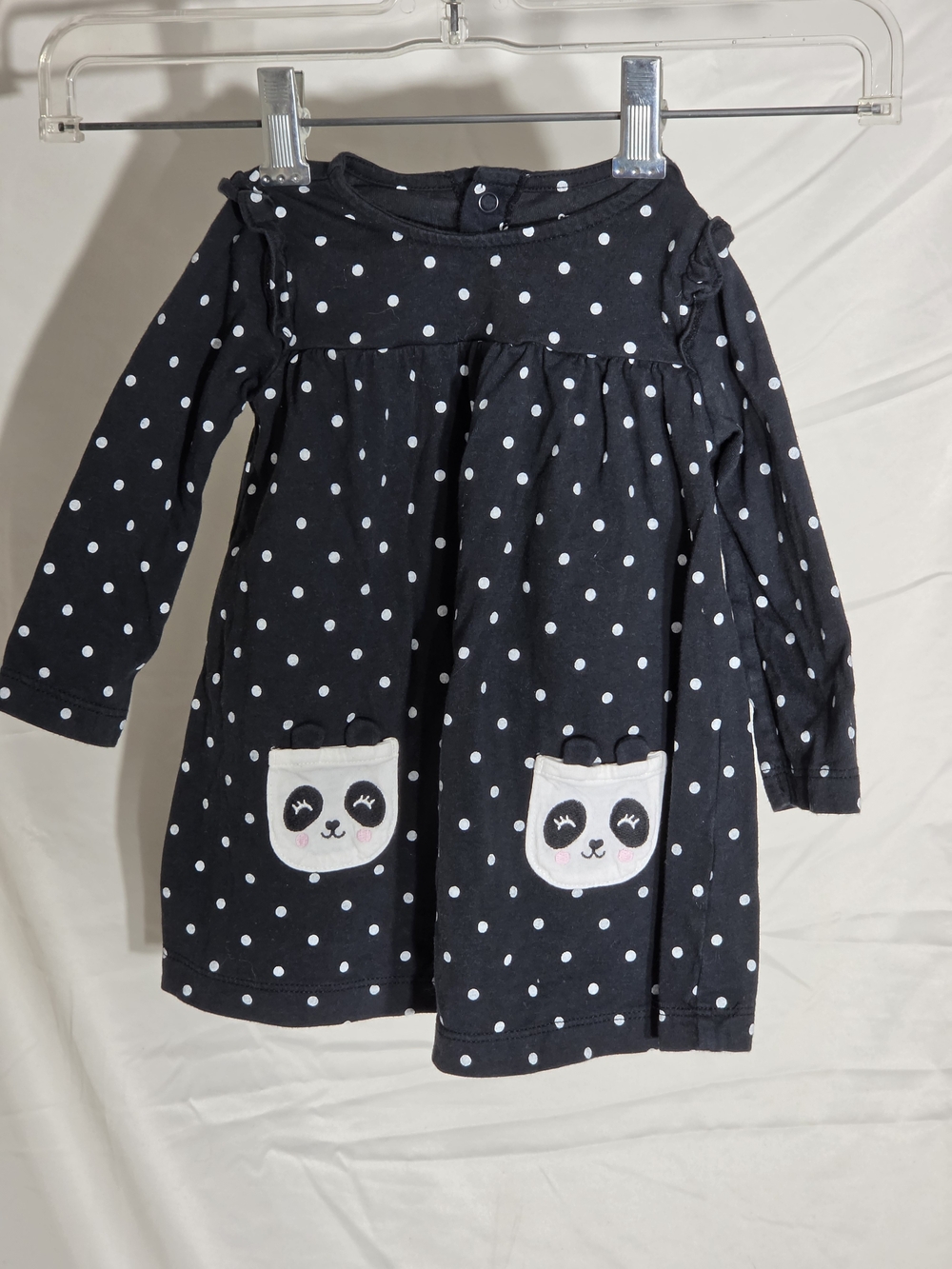 Carter's Black and White Polka Dot Long-Sleeve Dress with Panda Pocket Faces